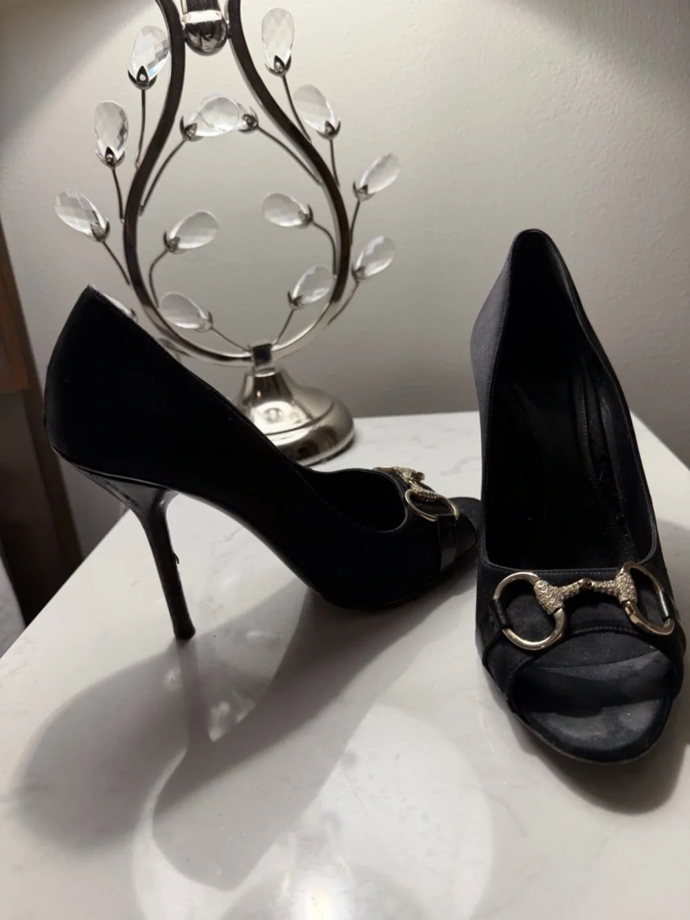 Gucci Black Open-Toe Stiletto Heels with Crystal-Embellished Horsebit - Picture 6 of 9